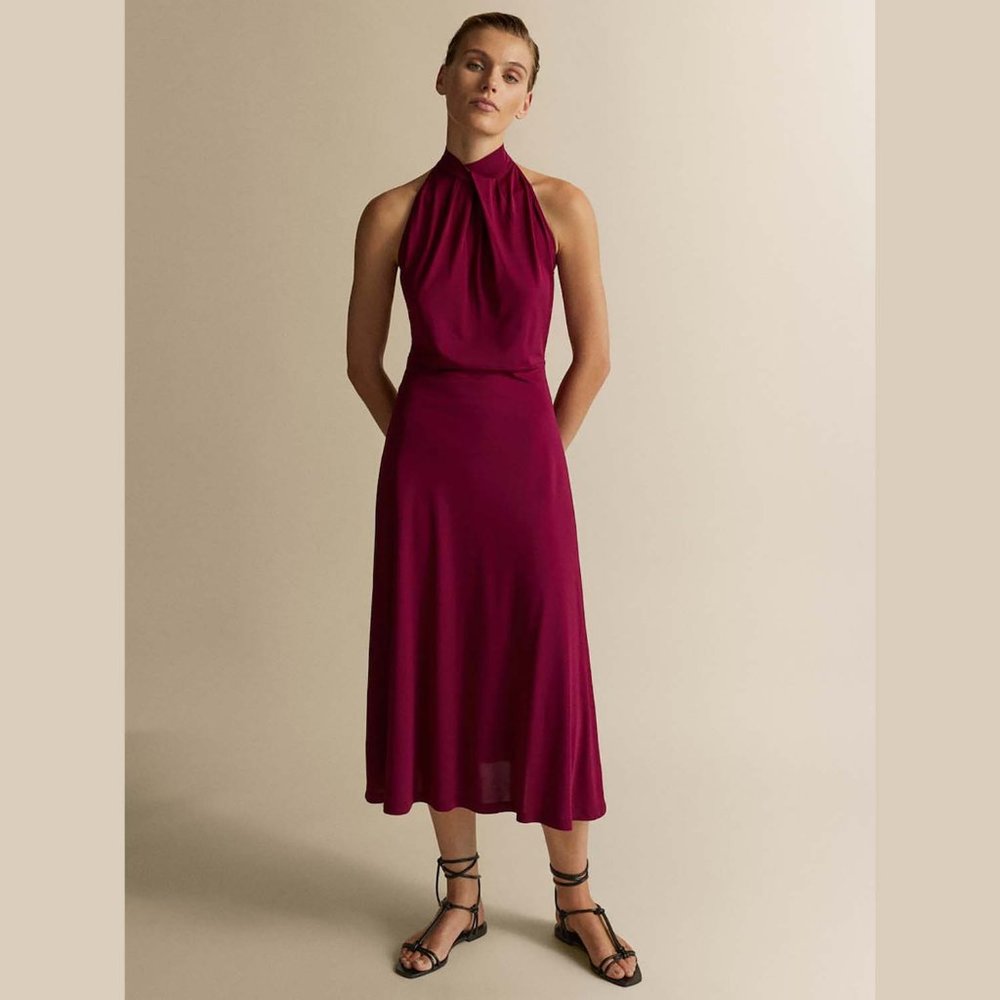 NWT Massimo Dutti Midi Halter Dress Magenta